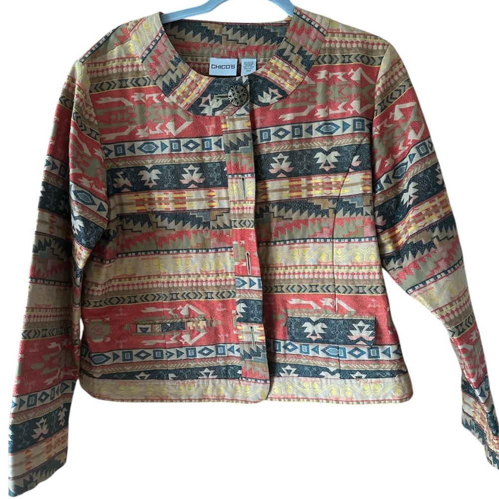 Chico's Multicolor Aztec-Print Boxy Blazer - Coral, Teal, Yellow, Cream